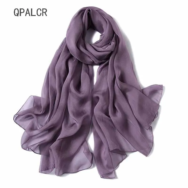 

QPALCR Luxury Women 100% Silk Scarf Solid Color Beach Shawl Summer Ladies Bandana Beach Stole Wrap Scarves Plus Female Cover-Ups