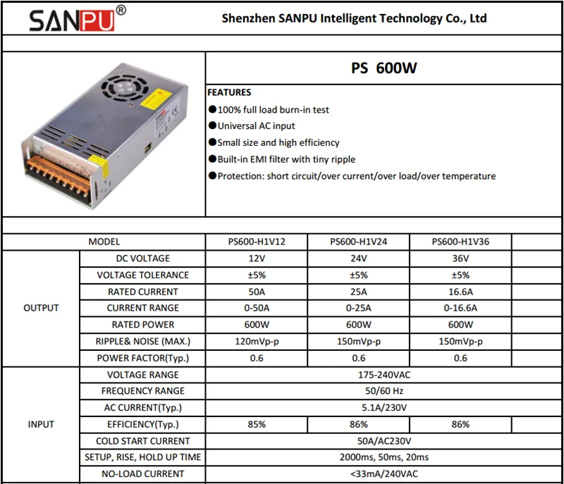 SANPU SMPS 600W 24 V Переключая Питание 25A AC-DC 220V 24 V импульсный трансформатор постоянного тока 24В светодиодный драйвер 24VDC Универсальный Применение IP20