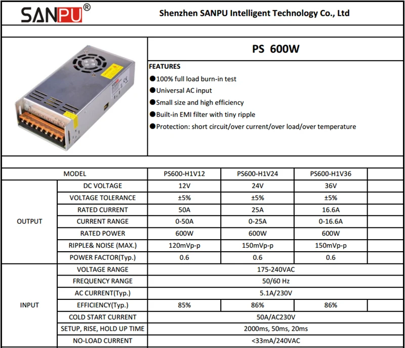 Sanpu smps 600 w 24 v comutação