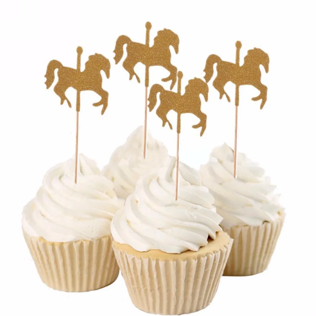 5pcs/set  Glitter Rotating Horse Cupcake Picks Cake Toppers Party Wedding Decoration Gold/Silver