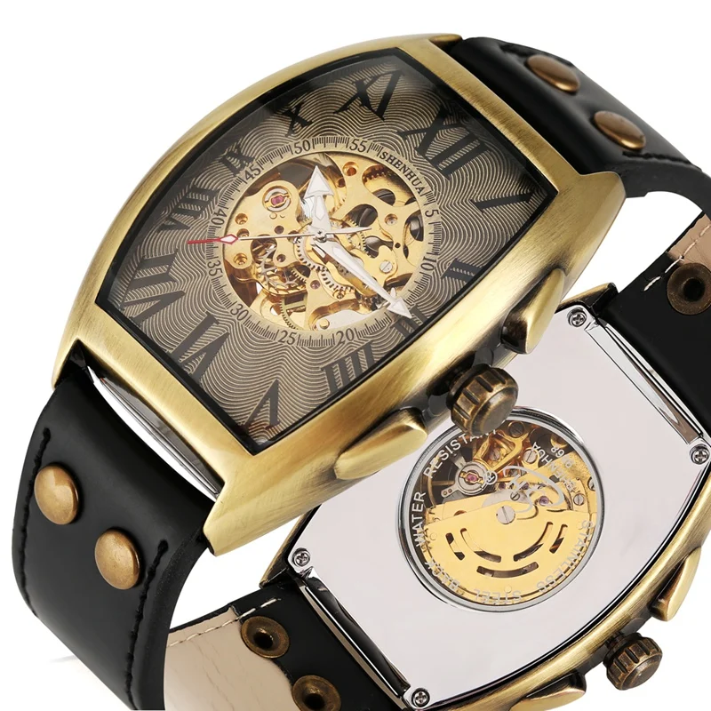 

Fashion Automatic Mechanical Watch Men Leather Band Transparent Skeleton Watches Clock Antique Bronze Oval Case Wrist Watch