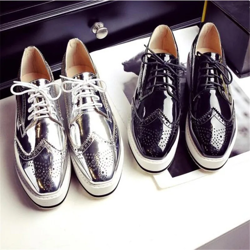 Plus Size 32-48 Women Pumps Oxfords Fashion Patent Leather Wedges Women Shoes Black Silver Lace Up Ladies Brogue Shoes High Heel (14)