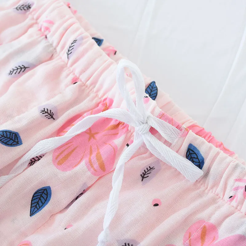 Женские пижамные штаны с свежими цветами, марлевые хлопковые удобные летние Пижамные штаны, розовые качественные повседневные женские Пижамные брюки
