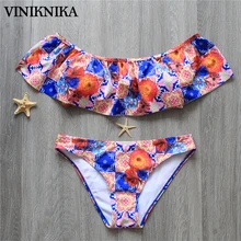 

VINIKNIKA A Word Shoulder Printing Sexy Bikini Cute Lady Bikini Swimwear Women Padded Swimsuit Ruffle Female Beachwear