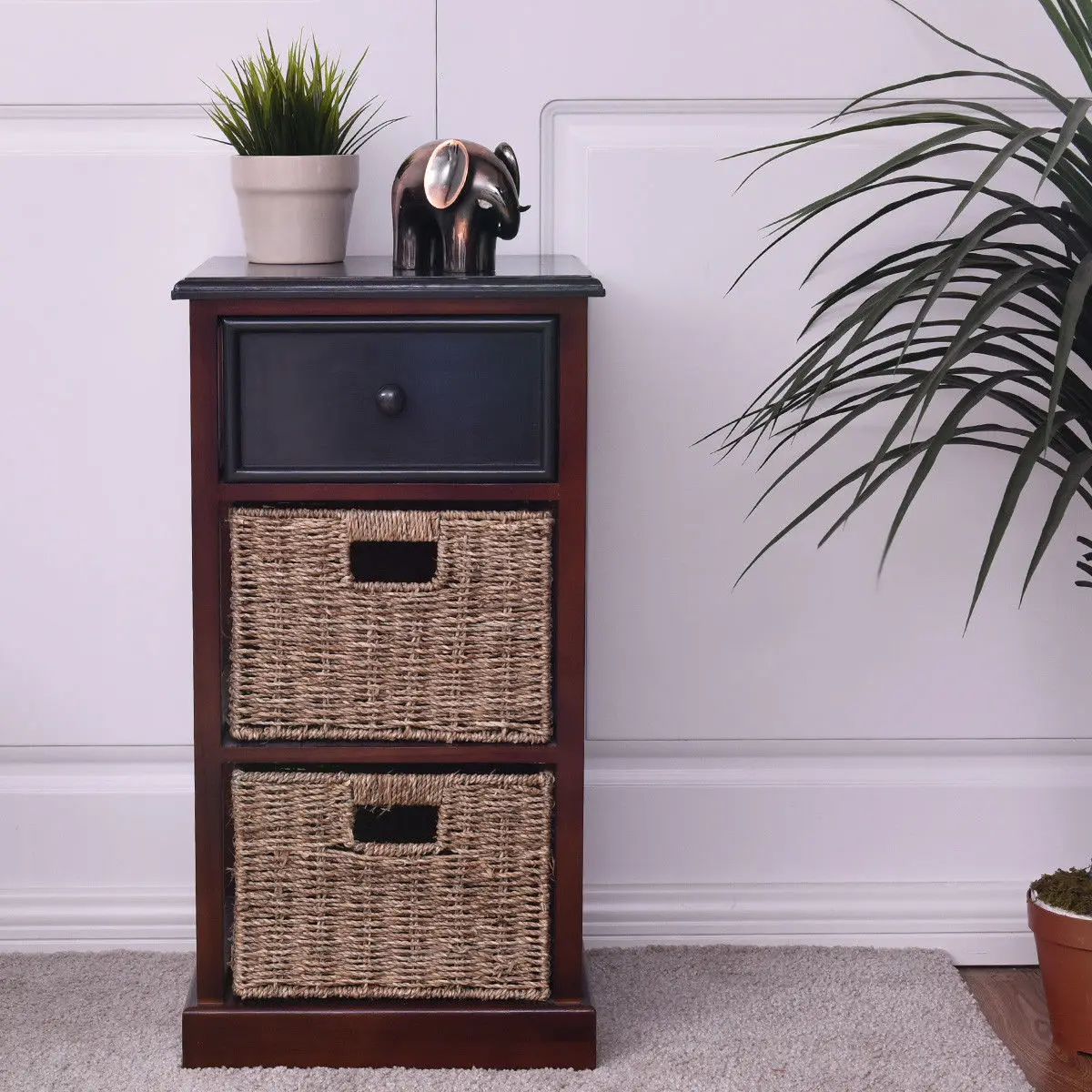 Giantex 3 Tiers Wood Nightstand with 1 Drawer 2 Baskets Modern Bedside End Table Organizer Brown Bedroom Furniture HW56724 Giantex 3 Tiers Wood Nightstand with 1 Drawer 2 Baskets Modern Bedside End Table Organizer Brown Bedroom Furniture HW56724