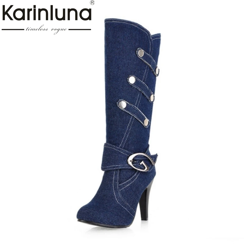 

Plus Size 32-43 Women Knee High Long Boots Sexy Spiked High Heel Shoes Woman Denim Upper Buckle Strap Less Platform Autumn Boots