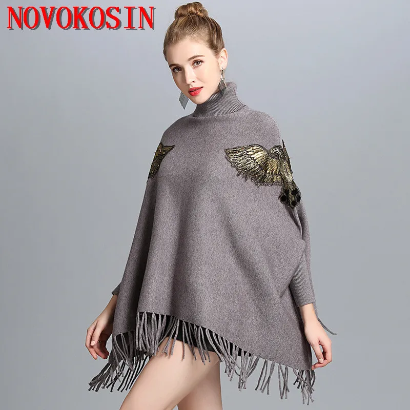SC161 2018 Autumn Winter Long Knitted Women Eagle Appliqued Sweater Fashion Long Batwing Sleeves High Neck Stole Tassel Poncho