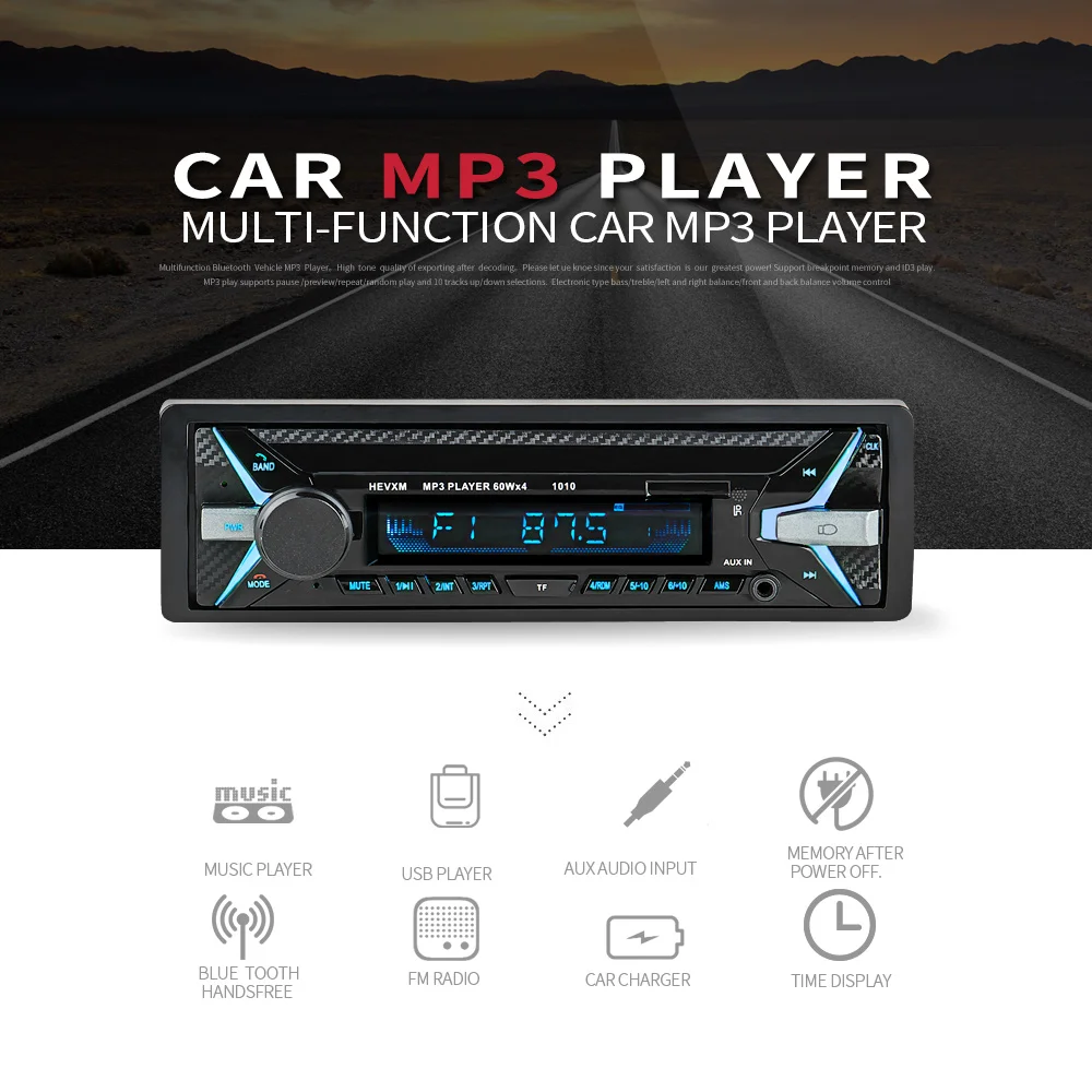 Hevxm Bluetooth 1Din 12 V Многофункциональный Авторадио MP3-плеер FM Музыкальный радиоплеер U диск воспроизведение автомобиля аудио mp3-плеер 1010 - Формат цифровых медиаданных: Mp3