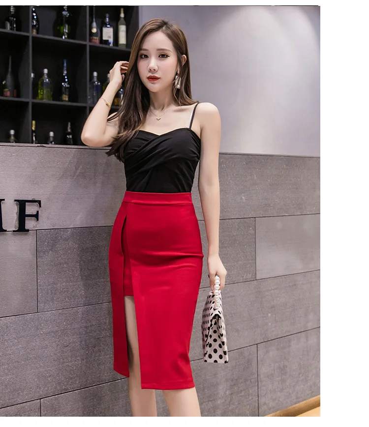 Элегантная женская юбка миди с высокой талией и разрезом спереди, новинка, Корейская женская сексуальная юбка-карандаш для офиса, посылка