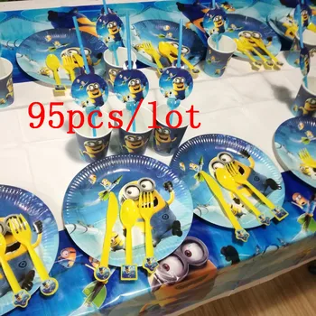 

Kids Favor 95Pcs/lot Minions Theme Family Party Paper Cup Plate Napkin Boy Birthday Party Gift Bag Cap Banner Decoration Supply