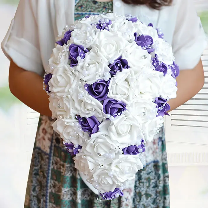 

2016 Real Touch Brides Rose Wedding Flowers Teardrop Cascade Bridal bouquet With Diamantes and Pearls Stunning Wedding Bouquet