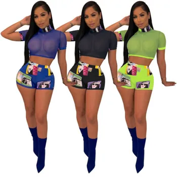 

Summer Women Girl Sexy Set Polyester Mesh Tops Short Sleeve Transparent T-Shirt Blouse Tee+Shorts Suit 2019 New