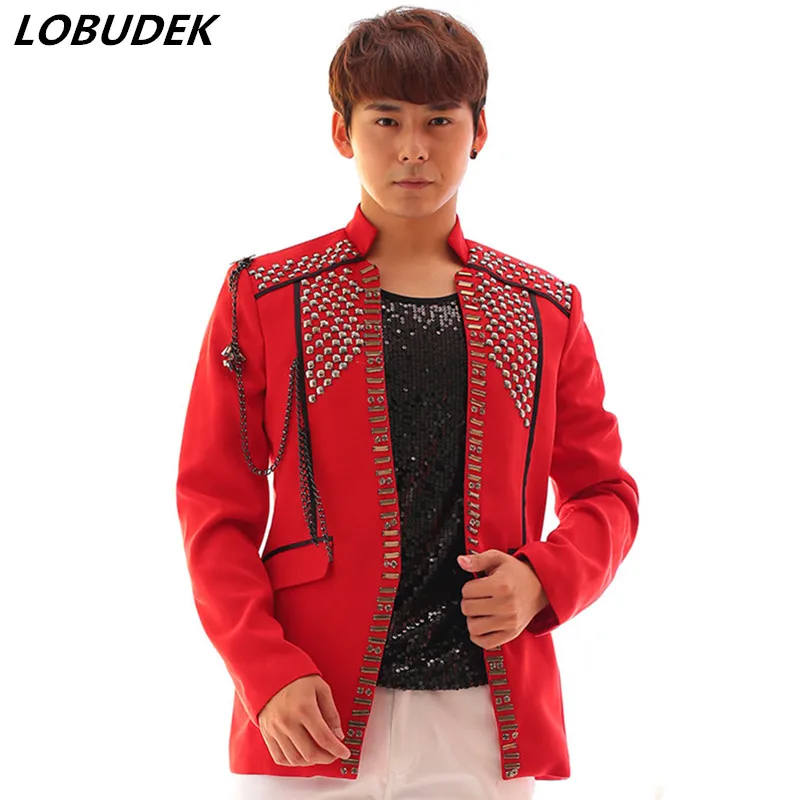 

Red Crystals slim Men's jacket Prom Vocal concert male singer stage Costume Bar Nightclub Rock Punk show Performance Coat Jacket