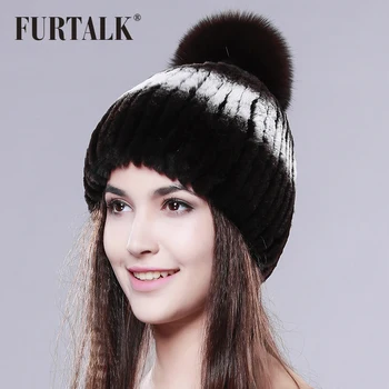 

FURTALK Rex Rabbit Fur Beanie Hat Winter Women Fur pompom Hat Warm Winter Hat with Fox Fur Pom Pom for Russian Female