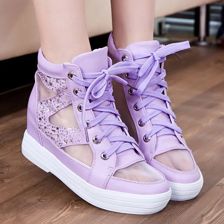 Lavender/silver/white Women's PU leather Hidden Wedge Sneakers High Top