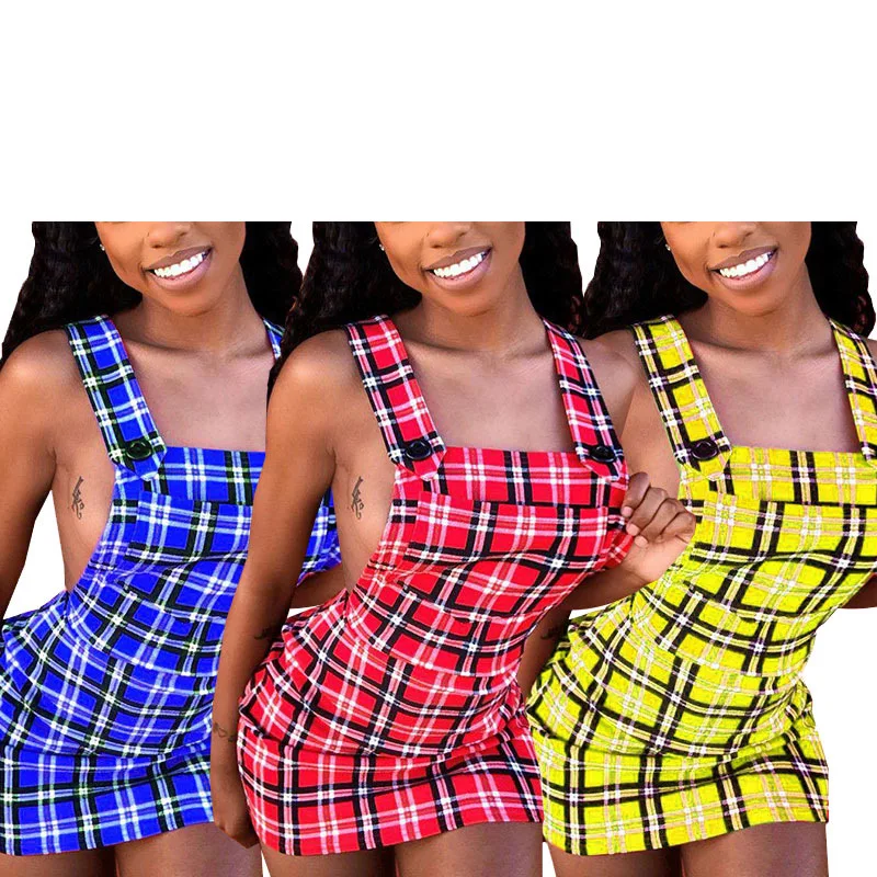 

Chic Plaid Pattern Girls Dresses Sleeveless Slash Neck Backless Sexy Short Bodycon Dress for Nightclub Streetwear