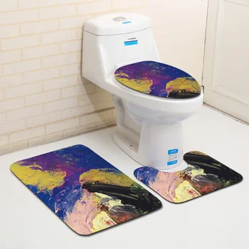 

3Pcs Coloured Drawing or Pattern Toilet Decoration Bathroom Mat Soft Flannel Bath Rug Non-slip Foot Mat Beside Restroom Doormat
