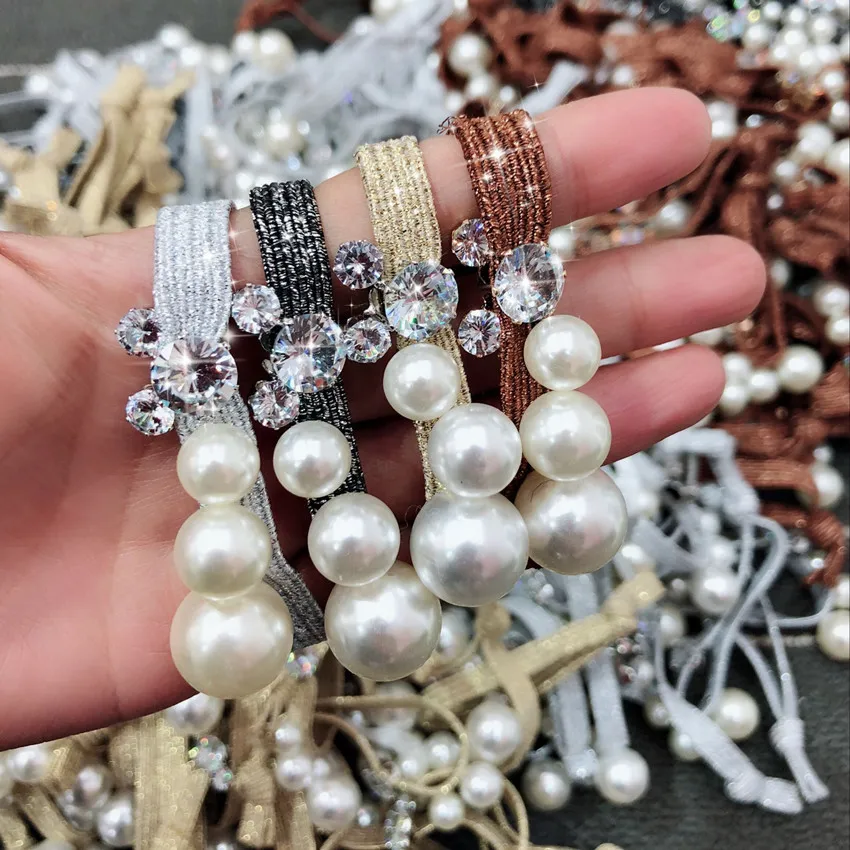 

2018 Trendy Sweet Sequin Hair Rope Zircon Rhinestone Irregular Size Pearl Gold Thread Knotted Rubber Band Headdress Accessories
