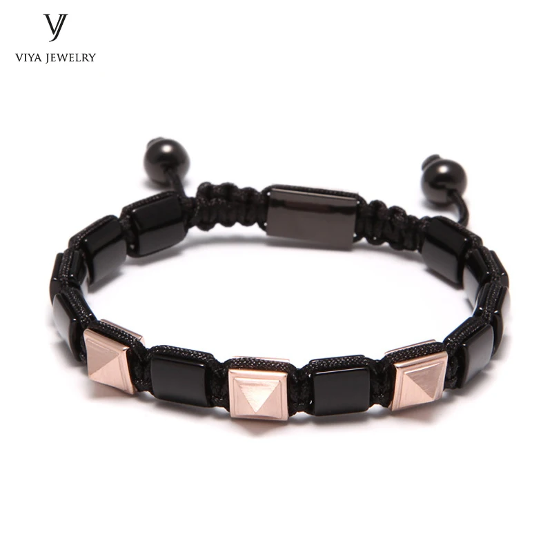 

Handmade Men Rose Gold Pyramid Bracelet With Black Onyx Beads Pyramid Jewelry With Box Charms Pyramid Macrame Bracelet Mens Gift