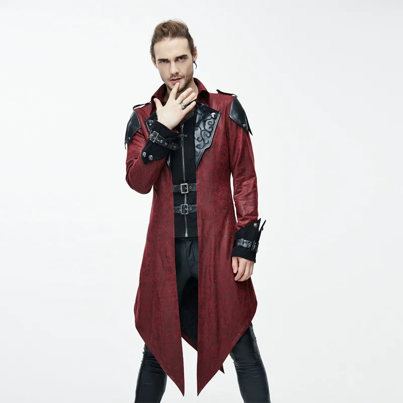 

Steampunk Men's Cross Zipper Hooded Detachable Hat Coat Dark Micro Elastic Shoulder Stitching PU Leather Warm Black Overcoats