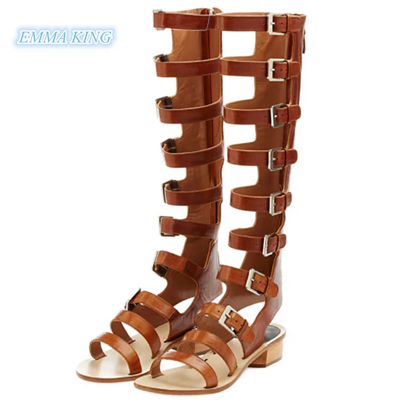 

Brown Solid Open Toe Multi-Buckle Knee High Women Sandals Boots Summer 2019 Chunky Medium Heels Back Zipper Gladiator Sandals