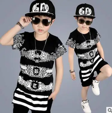 

New summer children's clothing set Cashew flower stripe Print HipHop Dance Suit boys Performance Fashion brand Children twinsets