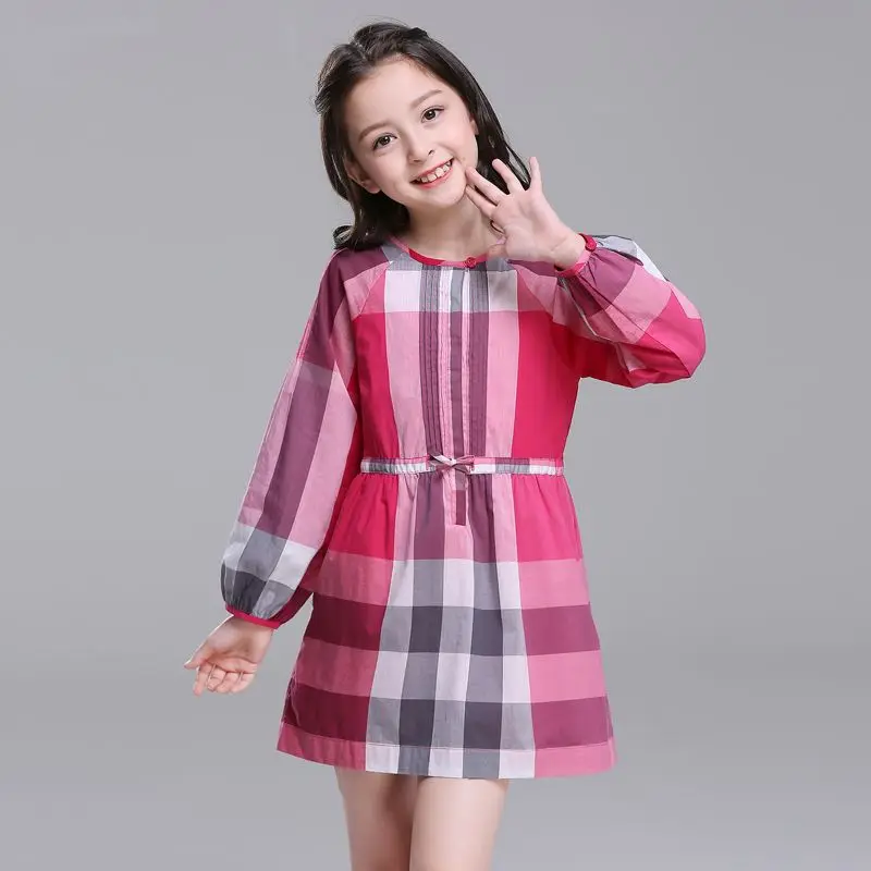 

HSSCZL Girls dress 2019 new spring summer long sleevesl big girl cotton bow high-end children 's clothes kids baby plaid 6-14age