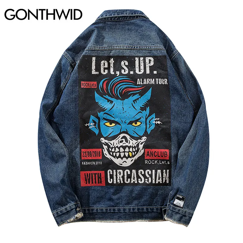 

GONTHWID Vintage Men Printed Denim Cotton Jean Jacket Coats 2019 Autumn Hip Hop Casual Denim Jackets Male Fashion Streetwear