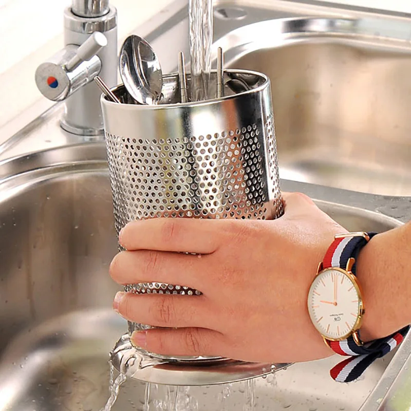 Stainless steel hanging chopstick cage round fork spoon holder rack reinforced kitchen supplies shelves cutlery organizer