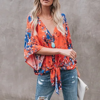 

Back Floral Print Short Sleeve Blouse Summer Women Weekend Casual Blouse Top 7472