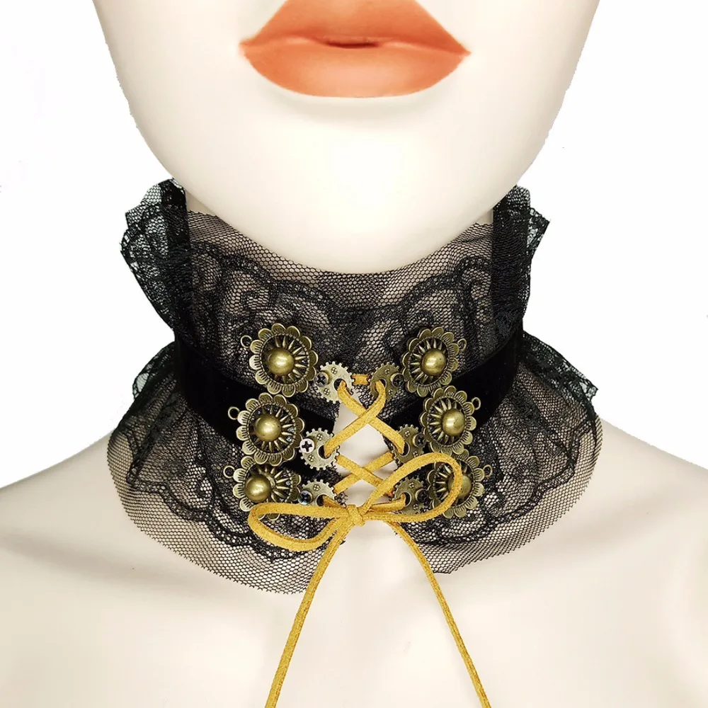 

Olsen Twins Vintage Steampunk Gothic Black Lace Collar Necklaces Women Nightclub Party Costume Jewelry