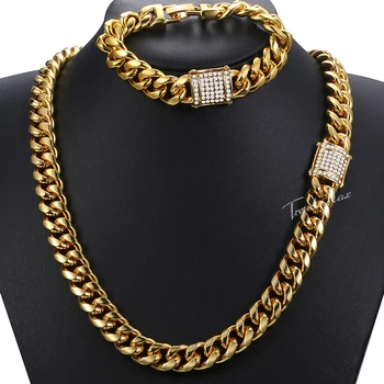 

Womens Mens Necklace Bracelet Set Yellow Gold Filled Miami Curb Cuban Link Iced Out Cubic Zirconia Charm 14.5mm GS281