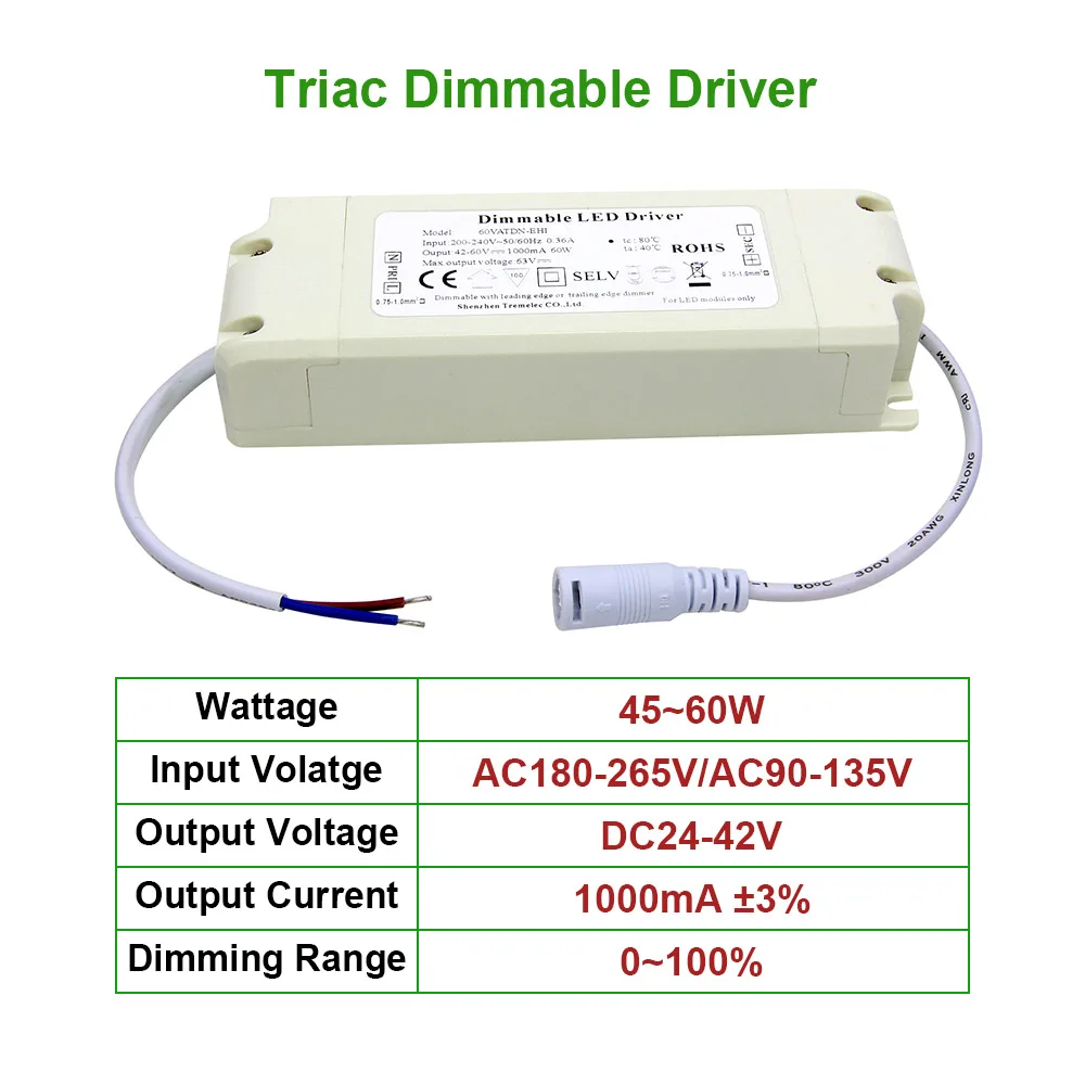 45-60 Вт Triac Диммируемый драйвер постоянного тока 1000мА питание трансформаторы для освещения для Светодиодная лампа с направленным вниз освещением AC90-265V лампы