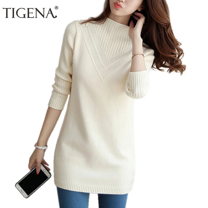 

TIGENA 2019 Winter Warm Turtleneck Midi Long Sweater Dress Women Jumper Knitted Burgundy Pullover and Sweater Female Pull Femme