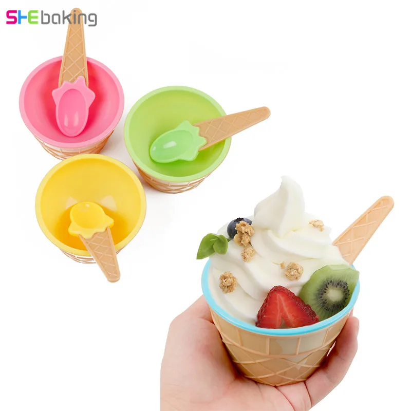 Shebaking 1pc Plastic Ice Cream Bowl Spoon Set Candy Color Ice Cream