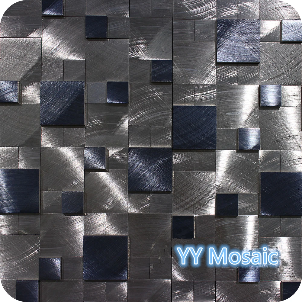 

Modern metallic elements silver and dark blue 3D square brushed aluminium metal mosaic tile for interior decoration store walls