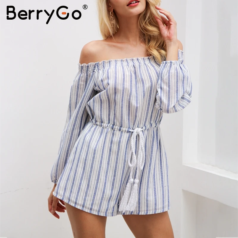 BerryGo Off shoulder blue striped women jumpsuit romper Summer beach 2017 lining playsuit Casual