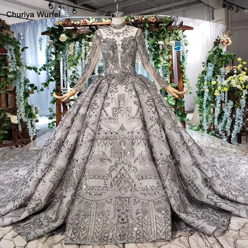 

HTL540 luxury dubai evening dresses for special occasions high neck long sleeve grey handmade lace long gown 2019 robe de soiree