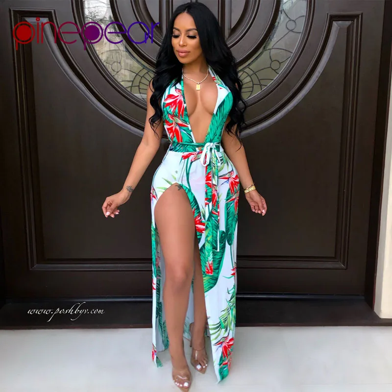 

PinePear Floral Leaf Print Backless Beach Dress Cover Up Swimwear 2019 Women Deep V Neck Bathing Suit Beachwear Drop Shipping