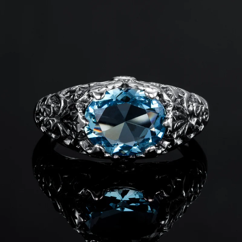 Szjinao Authentic 925 Sterling Silver Rings For Women Oval Exaggerated Rings Aquamarine Wedding Bands Style Love Vintage Jewelry