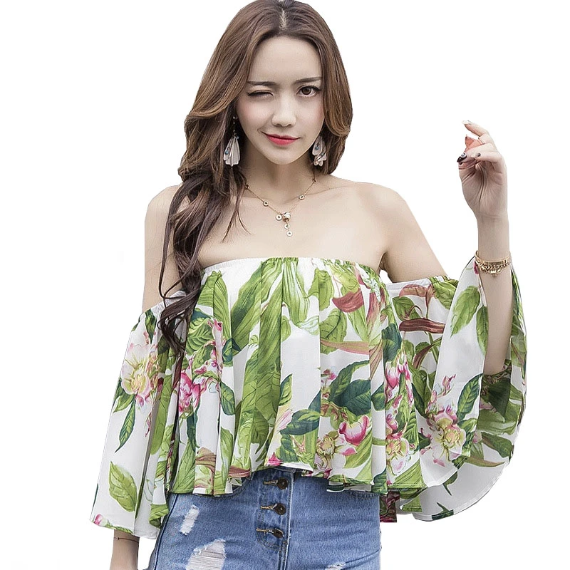 Verano mujeres fuera del hombro Top Floral bohemio campana recortada Tailandia de chiffon para la playa Praia Blusas|chiffon blouse|top floraloff shoulder top - AliExpress