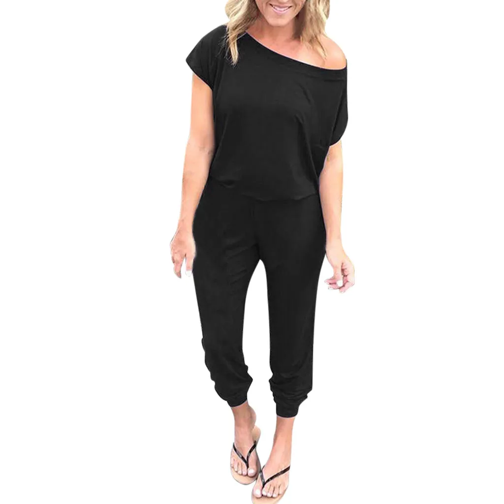 

Fashion summer Women one Shoulder Short Sleeve Rompers Solid Pocket Jumpsuit Casual Regular Long Playsuit