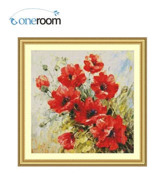 

-Oneroom 56-55 Red Flowers Counted Cross Stitch Cartoon Cross Stitch 14CT Cross-Stitch Kit Handmade Embroidery Needlework