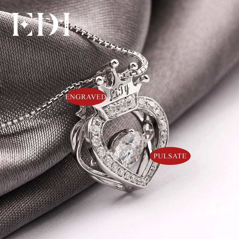 EDI Beating Heart Pendant Necklace Real 18K 0.9ctw Moissanites Heart and Royal Crown Halo Pendant Women Anniversary Jewelry Gift