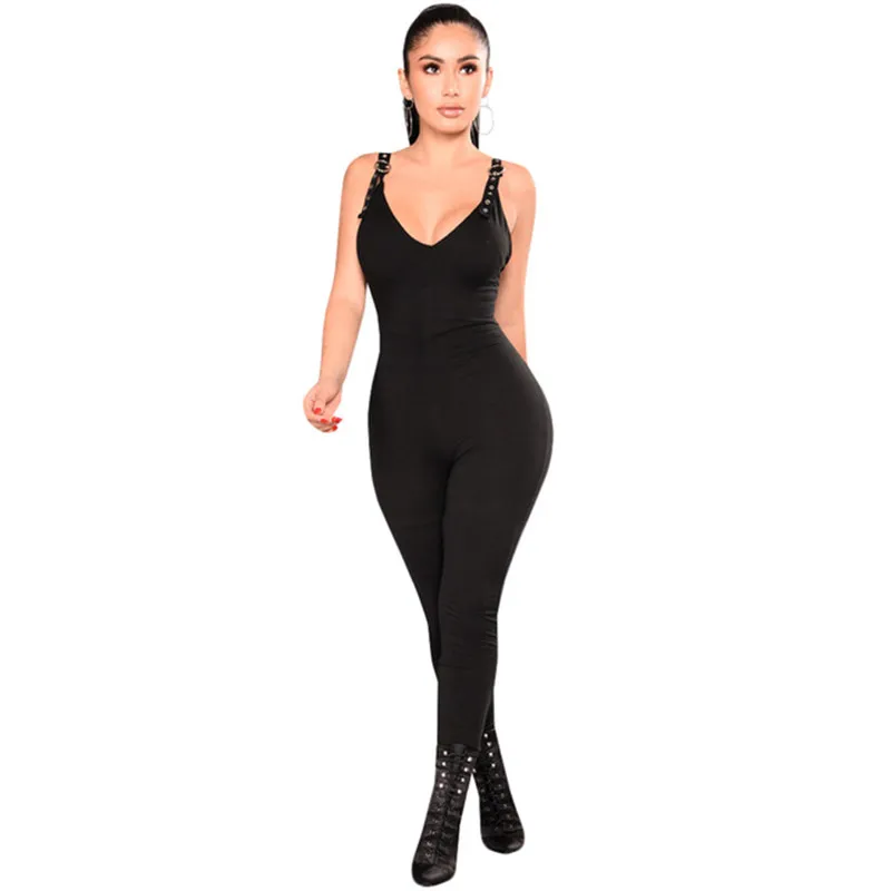 

Womens Bodycon Jumpsuits 2019 Spaghetti Strap V Neck Backless White Black Long Jumpsuit Rompers Sexy Slim Bodysuit Club Overalls