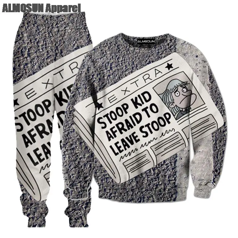 

ALMOSUN Stoop Kid Newspaper 3D All Over Print Tracksuits Sweatshirts Hip Hop Drawstring Pants Casual Streetwear Women Men