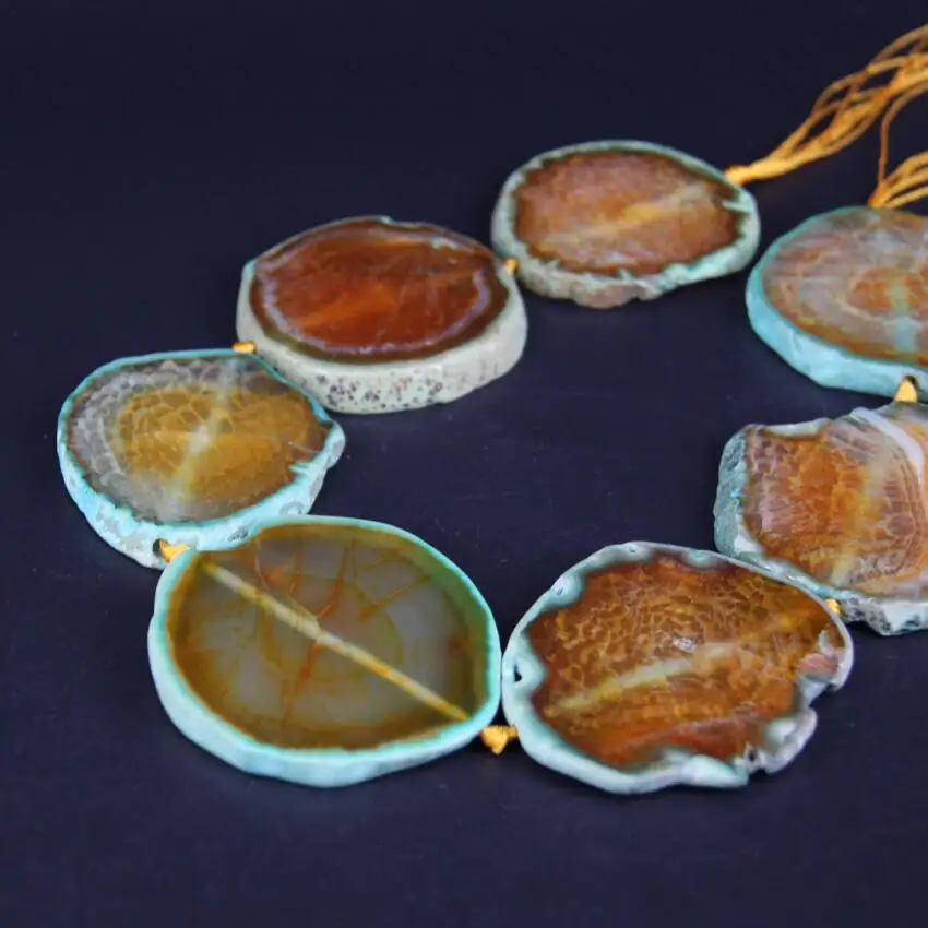 

New!!Approx7PCS/strand Large Size Blue Brown Crack Raw Agates Slab Nugget Beads,Natural Stone Gems Slice Pendants Jewelry Making