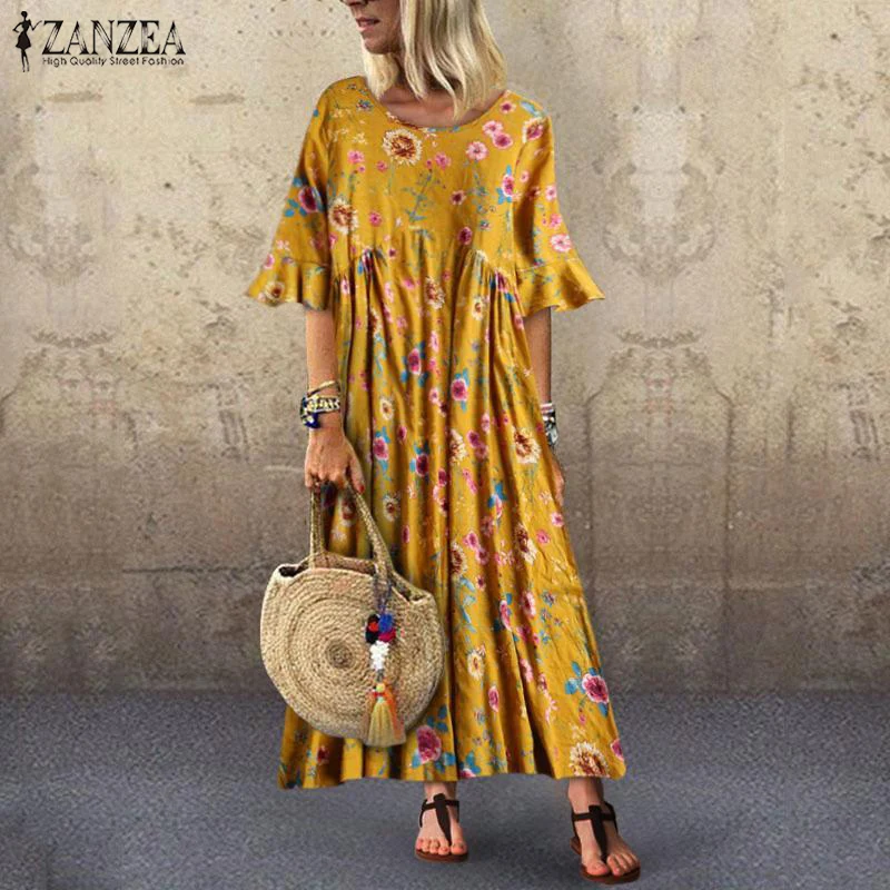 

2019 New ZANZEA Women Long Maxi Dress Bohemian Vestidos Vintage Floral Print Ruffles Sundress Leisure Tunic Dresses Plus Size