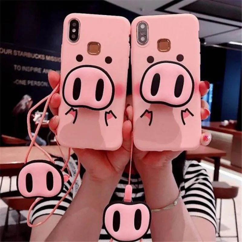 

For Xiaomi Mi A1 A2 5X 6X 6 8 9 SE Lite For Xiaomi Redmi 7 6 Pro 5 Plus Note 7 6 5 Pro 5A 4X Pig Nose Soft Phone Strap Rope Case