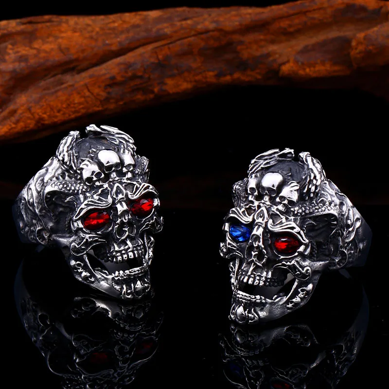BEIER punk cool three skull With Blue/red eye Ring Stainless Steel Punk fashion for men jewelry Halloween party BR8-647